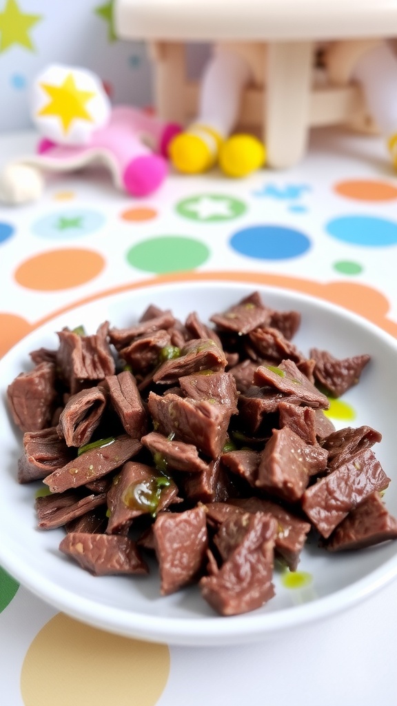 Tender beef steak bites for babies, served on a playful baby-themed plate.